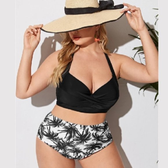 SHEIN Other - Tropical Underwire Halter High-Waist Black & White Bikini 0X